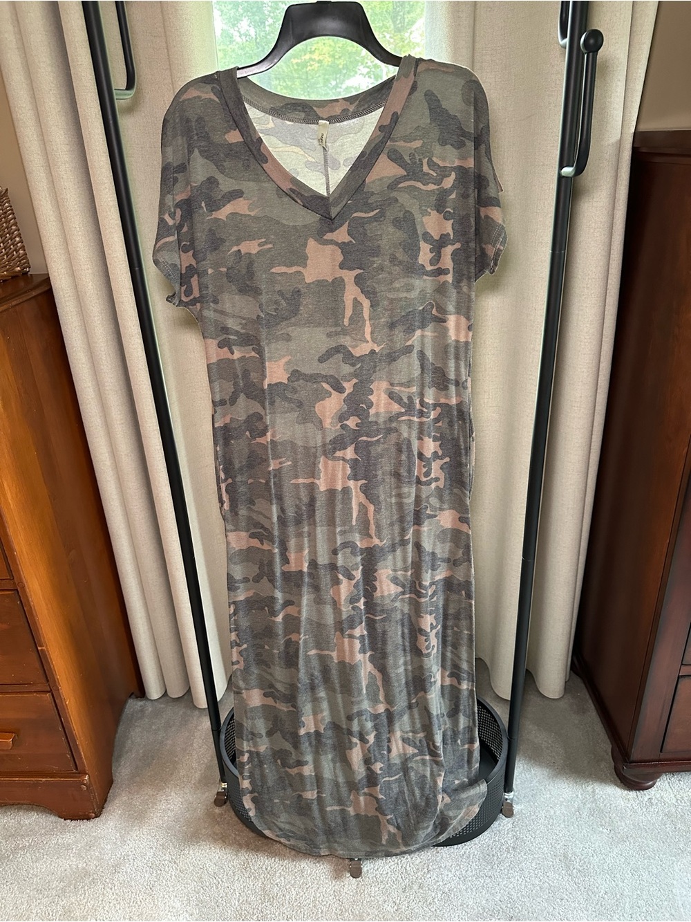 Women's V-Neck Camo Maxi Dress - Olive & Taupe